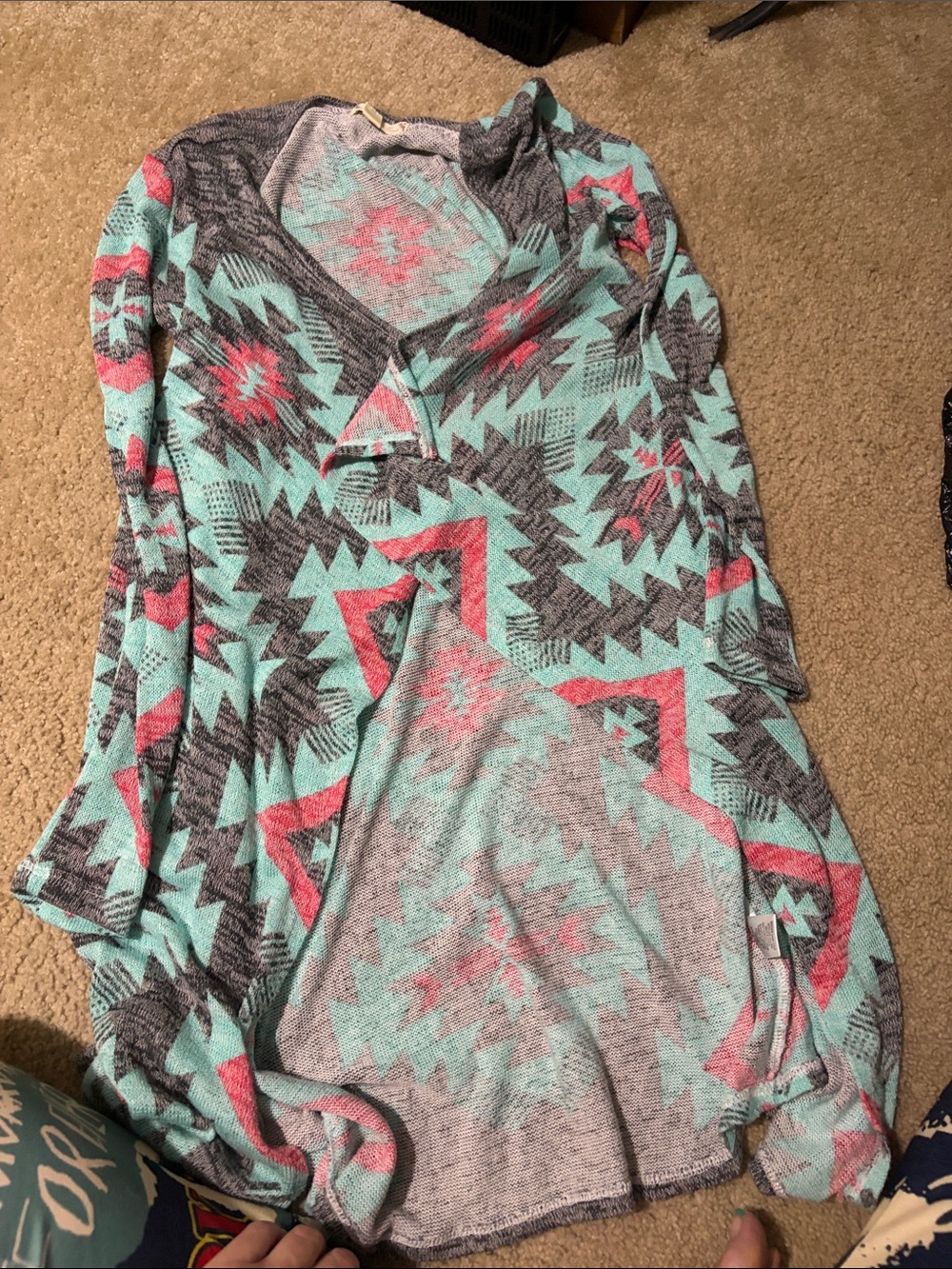 It's Our Time Aztec Print V-Neck Knit Top in Mint, Coral & Gray